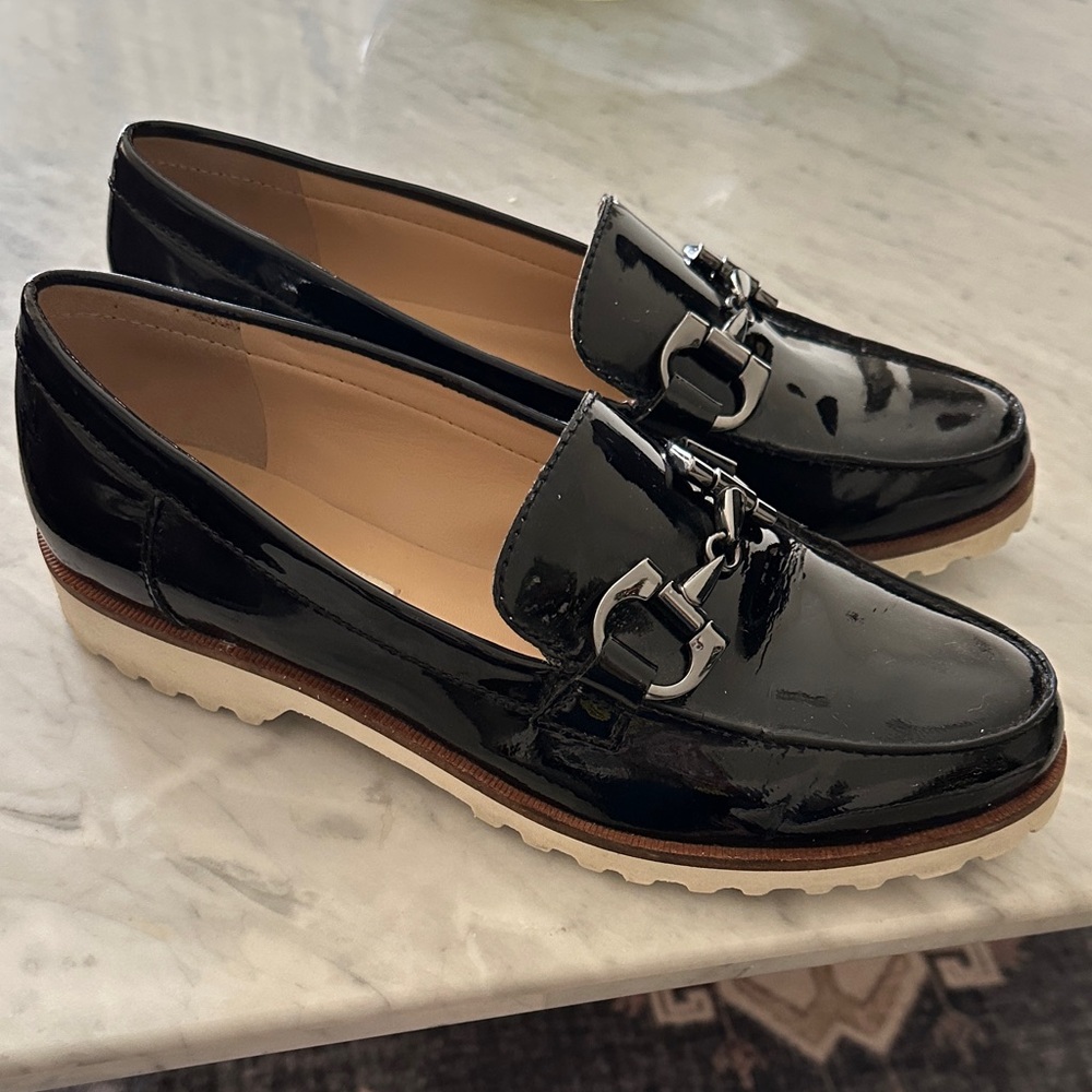 Karl Lagerfeld Glossy Black Patent Loafers with Buckle